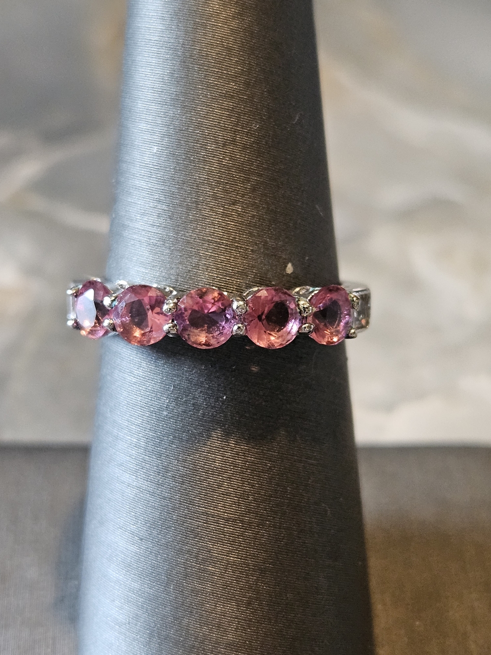 Bomb Party Pink Sapphire-Style Silver Tone Five-Stone Ring